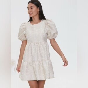 Jacquard Puff Sleeve Babydoll Mini Dress